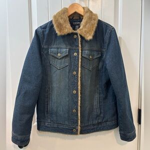 New York & Company Denim Jacket With Fur Trim Size Medium Y2K